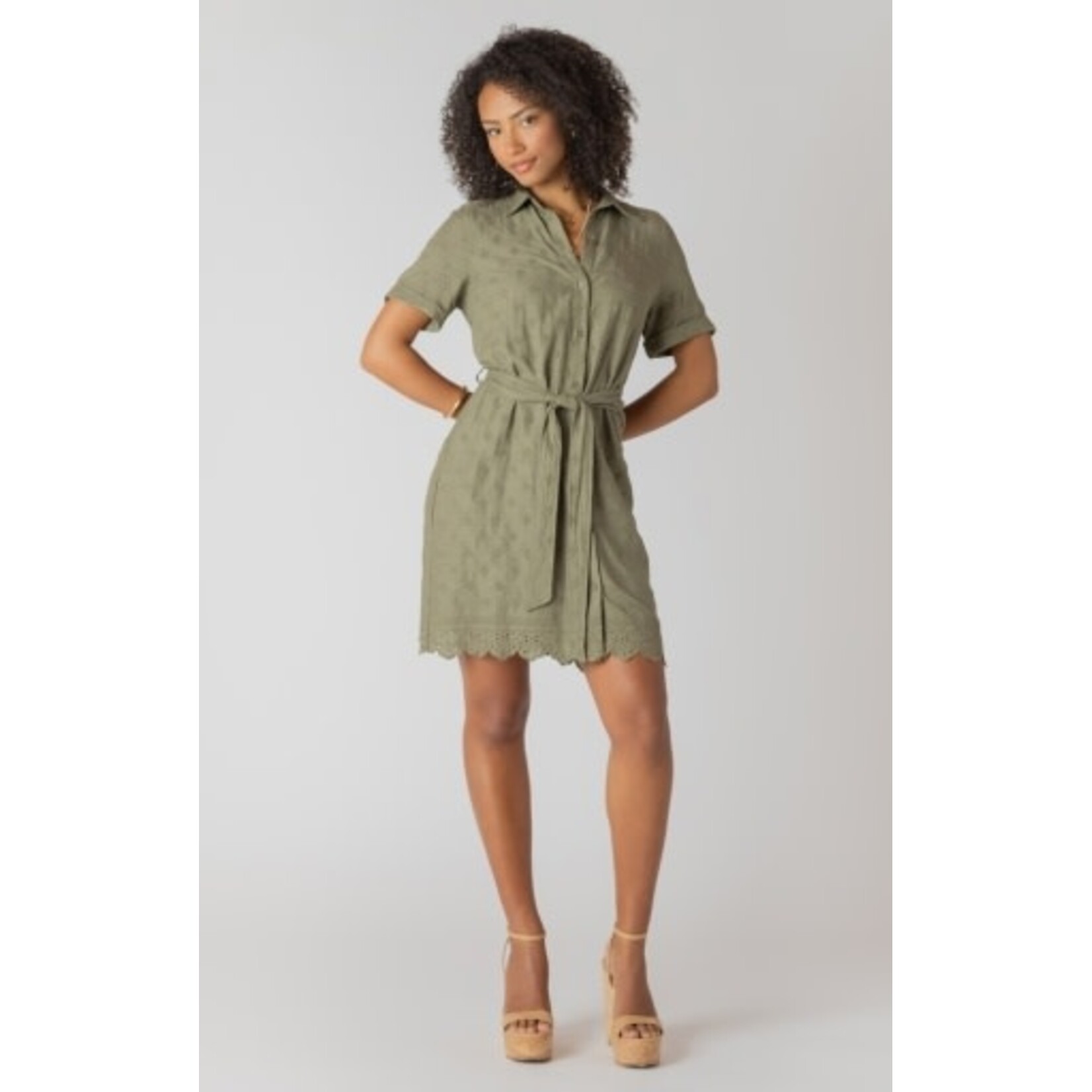 Dex Clothing 2722621 DG LINEN BELTED EYELET HEM MINI SHIRT DRESS