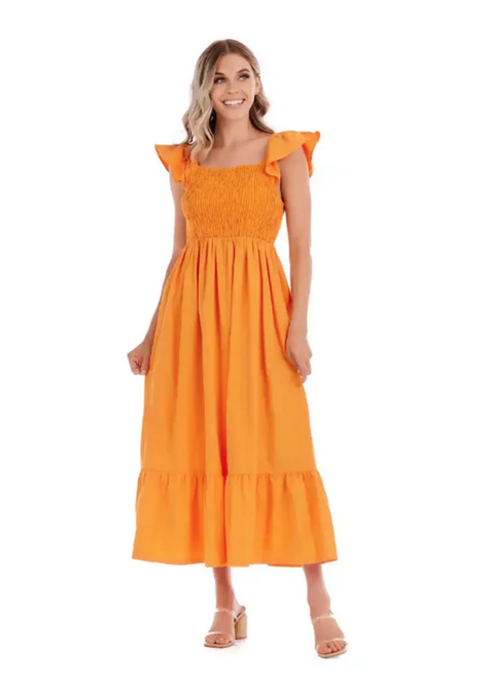 Elitaire Boutique Orange Keya Smocked Midi Dress