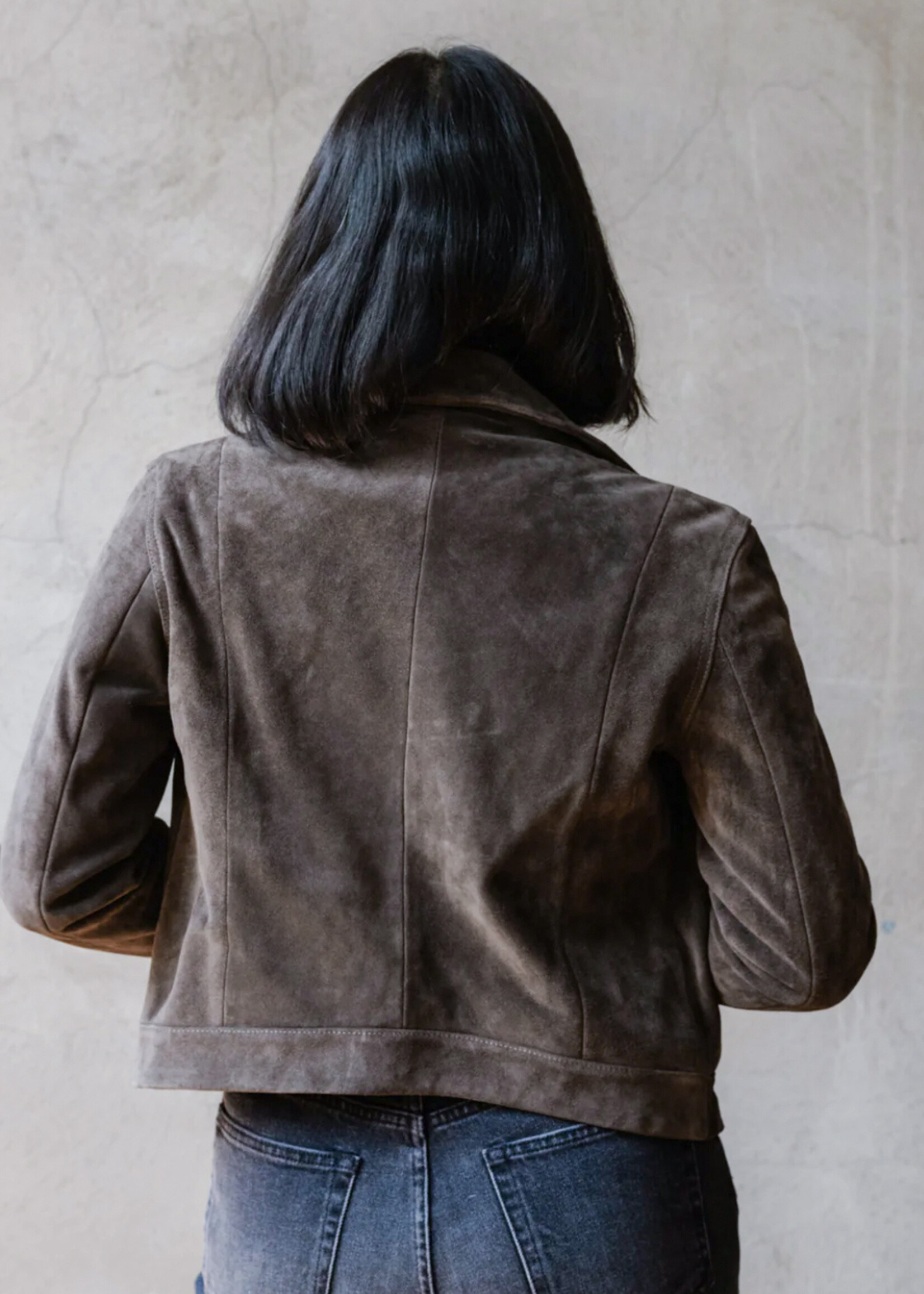Elitaire Boutique Maha Suede Leather Jacket in Stone