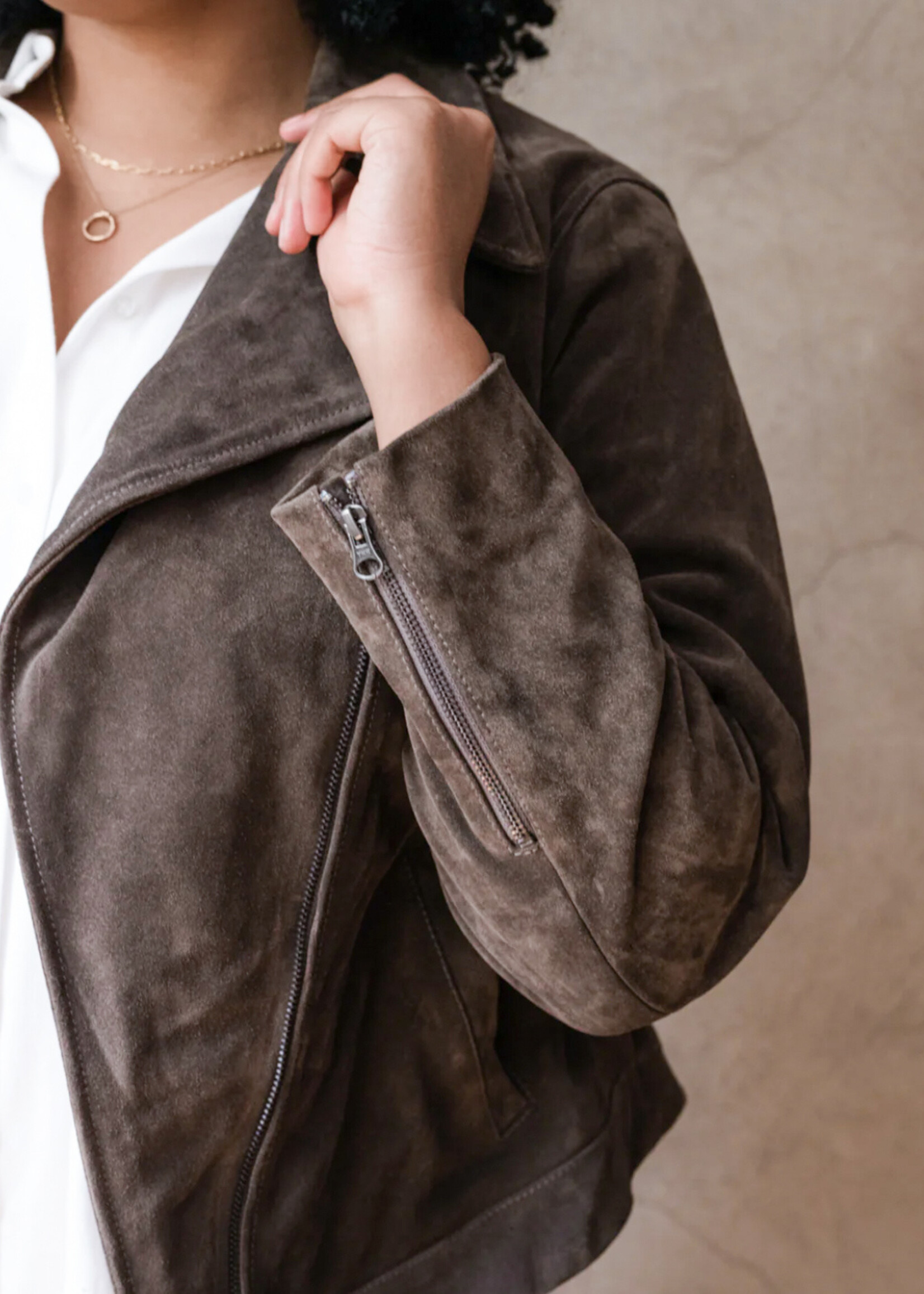 Elitaire Boutique Maha Suede Leather Jacket in Stone
