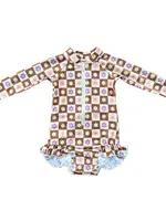 Elitaire Petite Retro Checker Ruffle Rash Guard Swimsuit