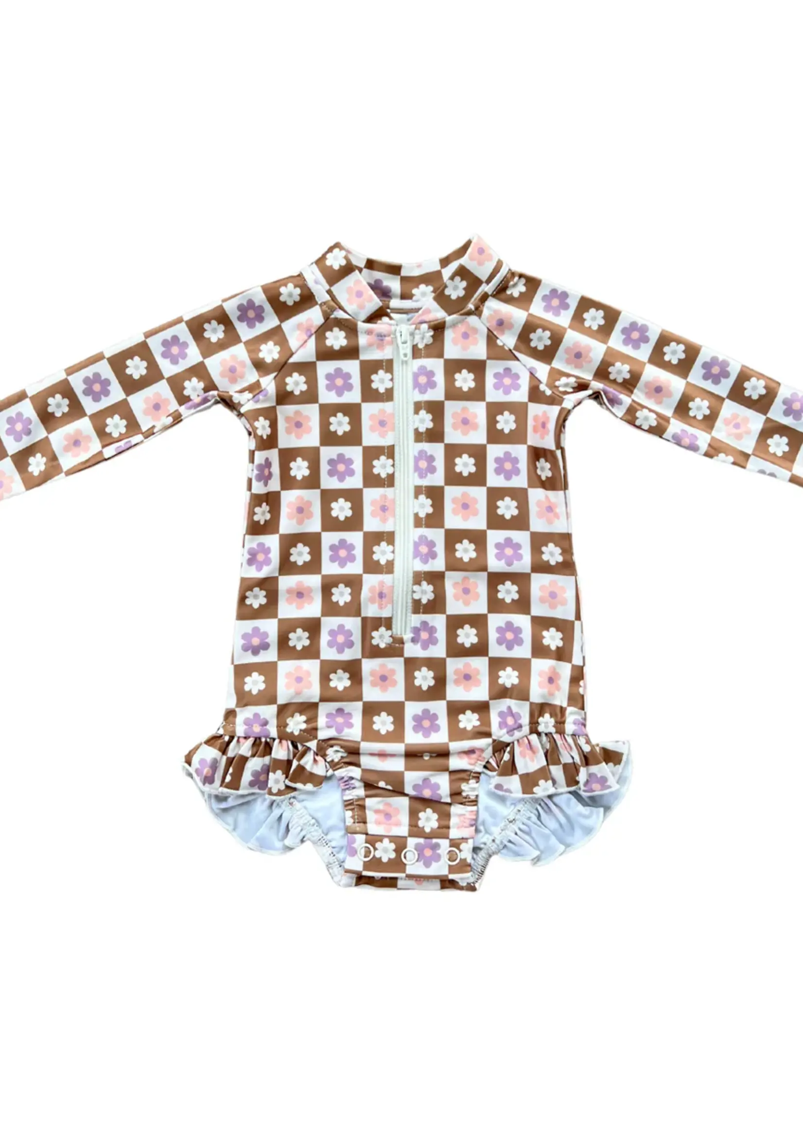 Elitaire Petite Retro Checker Ruffle Rash Guard Swimsuit