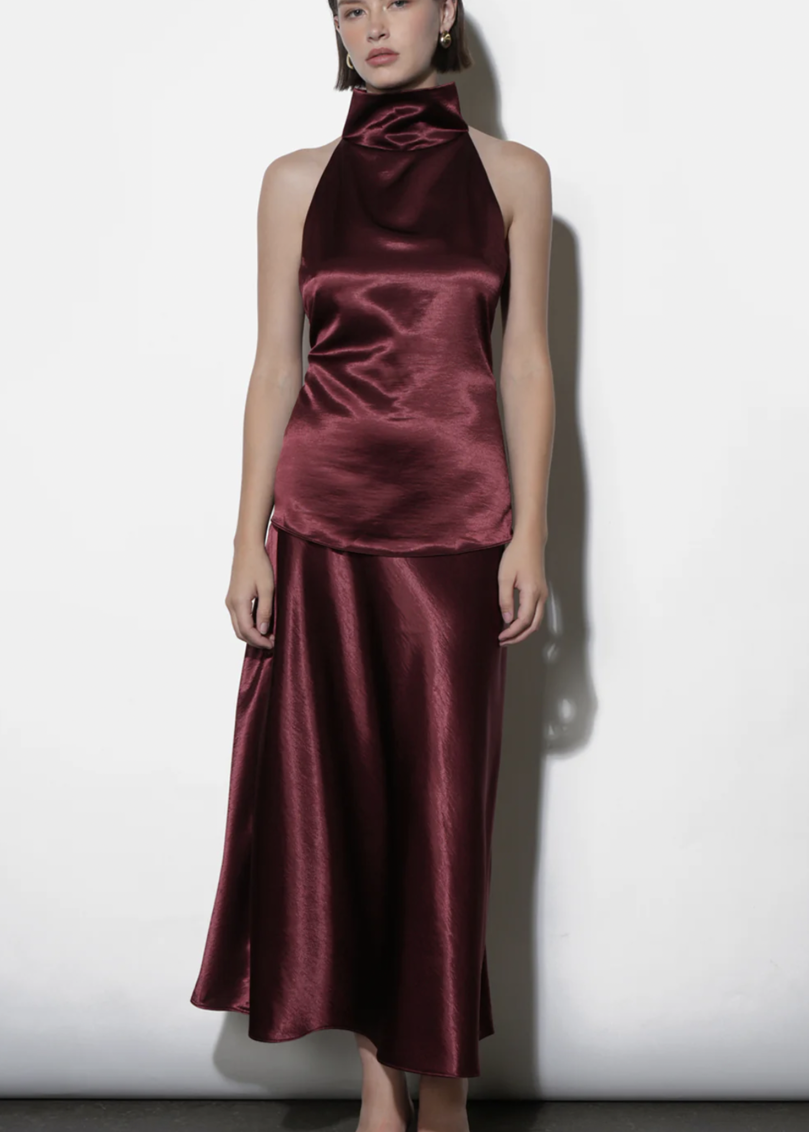 Elitaire Boutique Paige Midi Slip Skirt in Dark Cherry