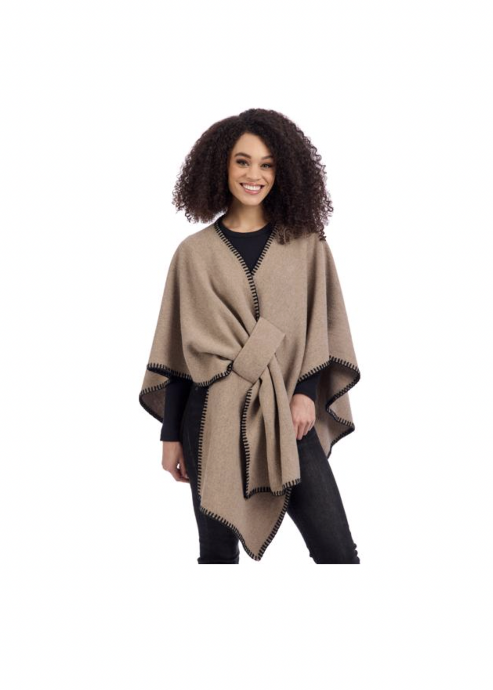 Elitaire Boutique Hayword Contrast Stitch Poncho - Oatmeal