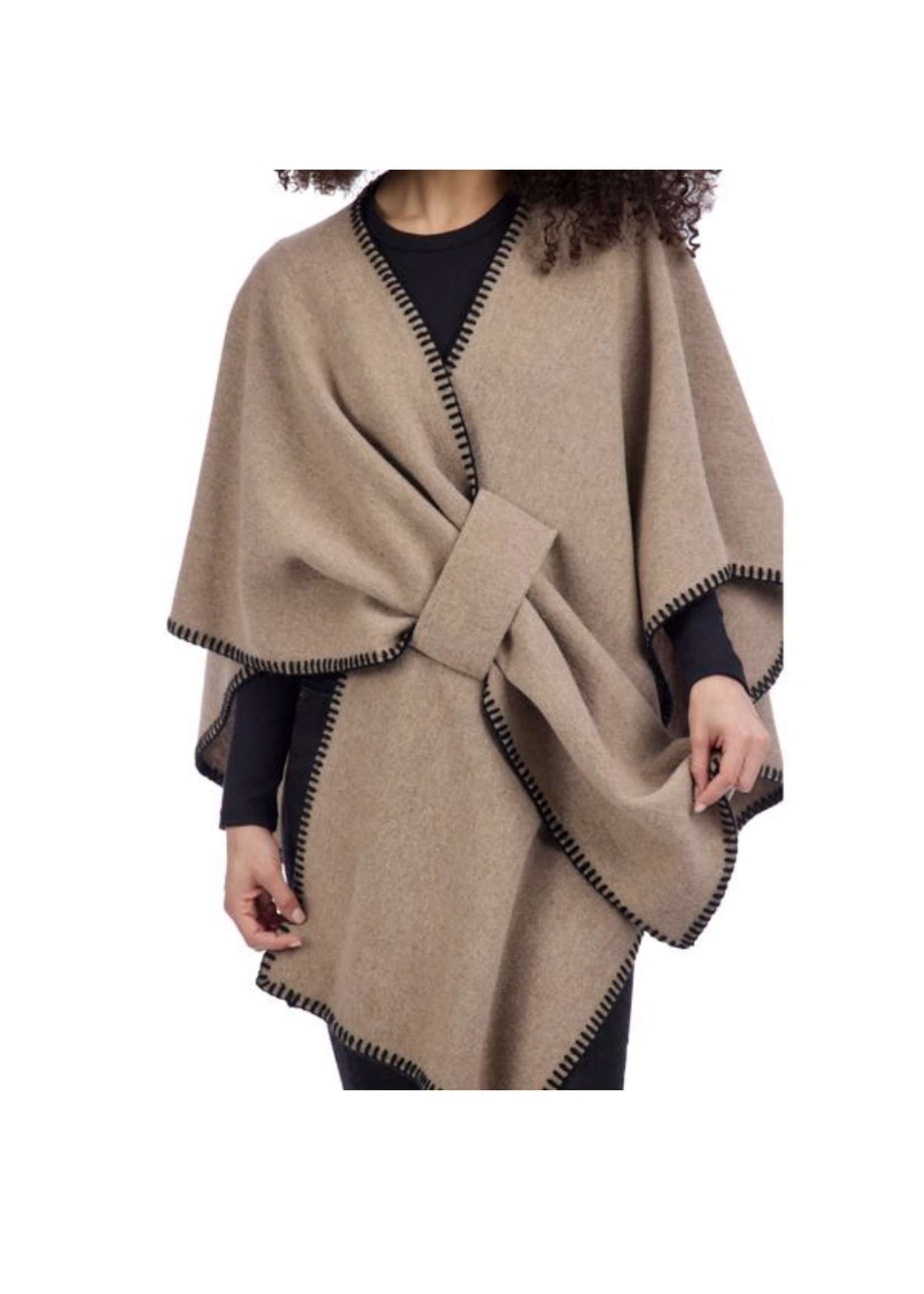Elitaire Boutique Hayword Contrast Stitch Poncho - Oatmeal