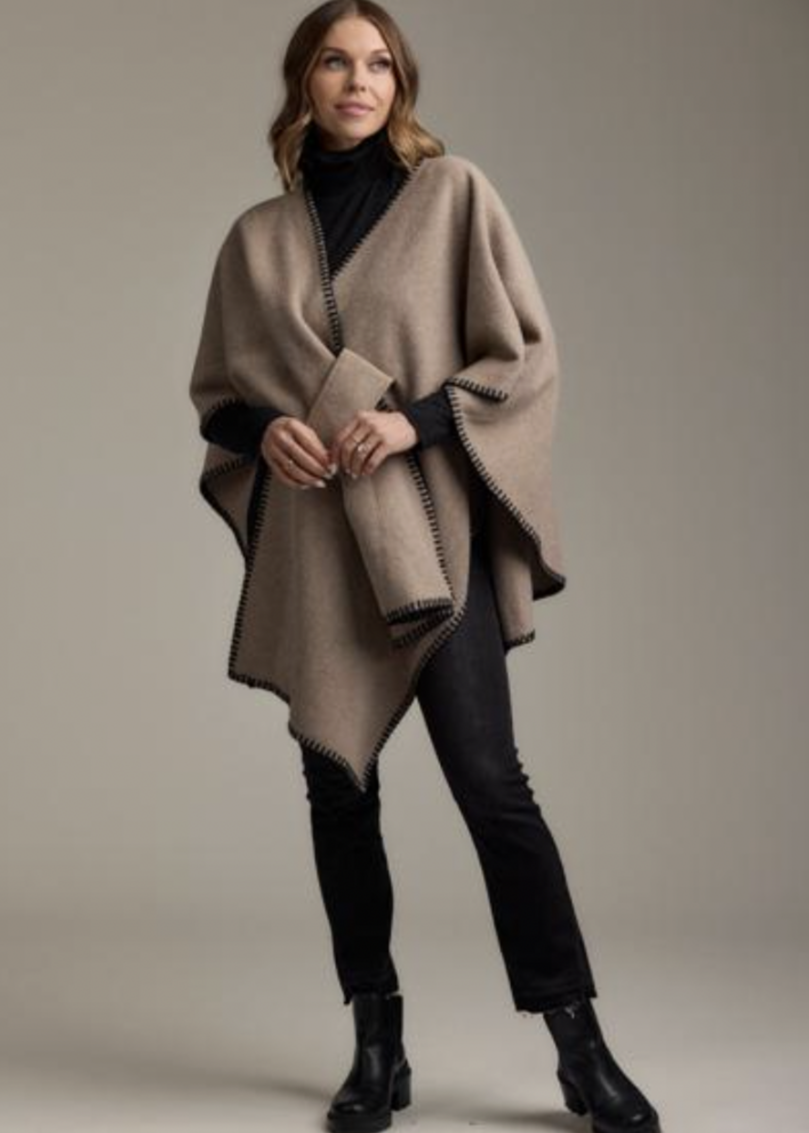 Elitaire Boutique Hayword Contrast Stitch Poncho - Oatmeal