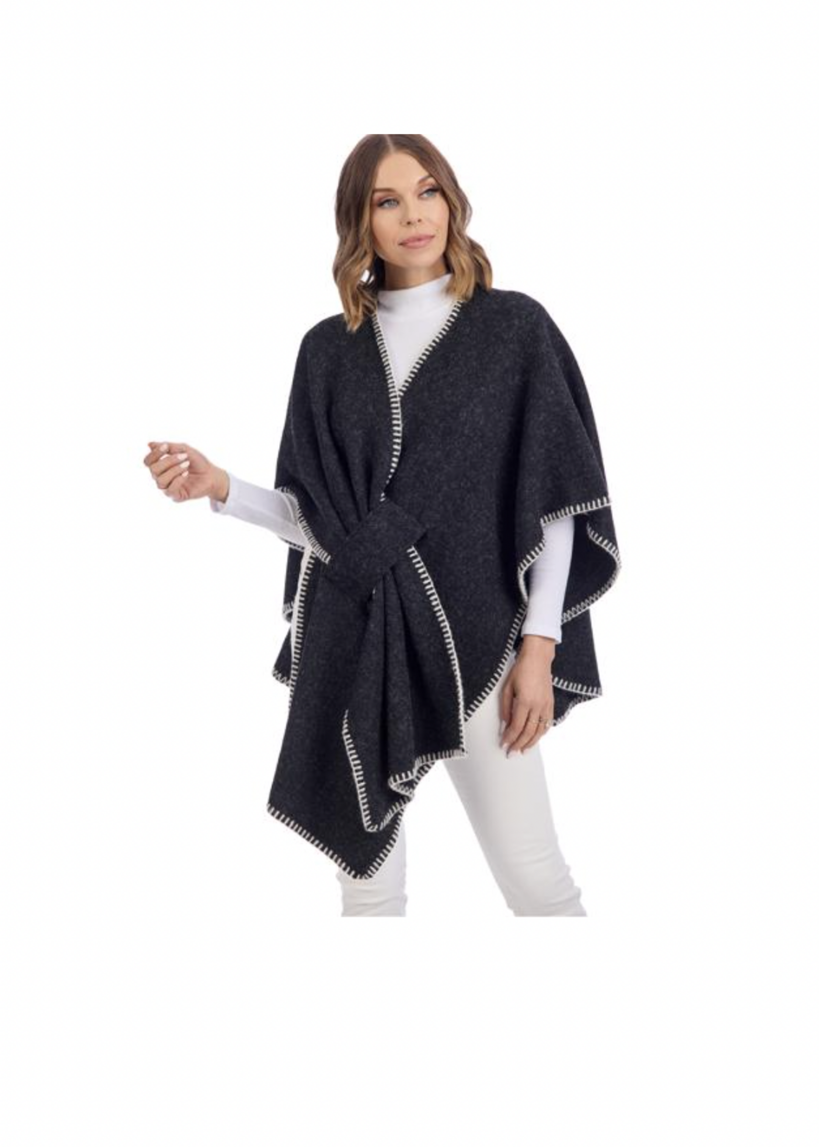 Elitaire Boutique Hayword Contrast Stitch Poncho - Black