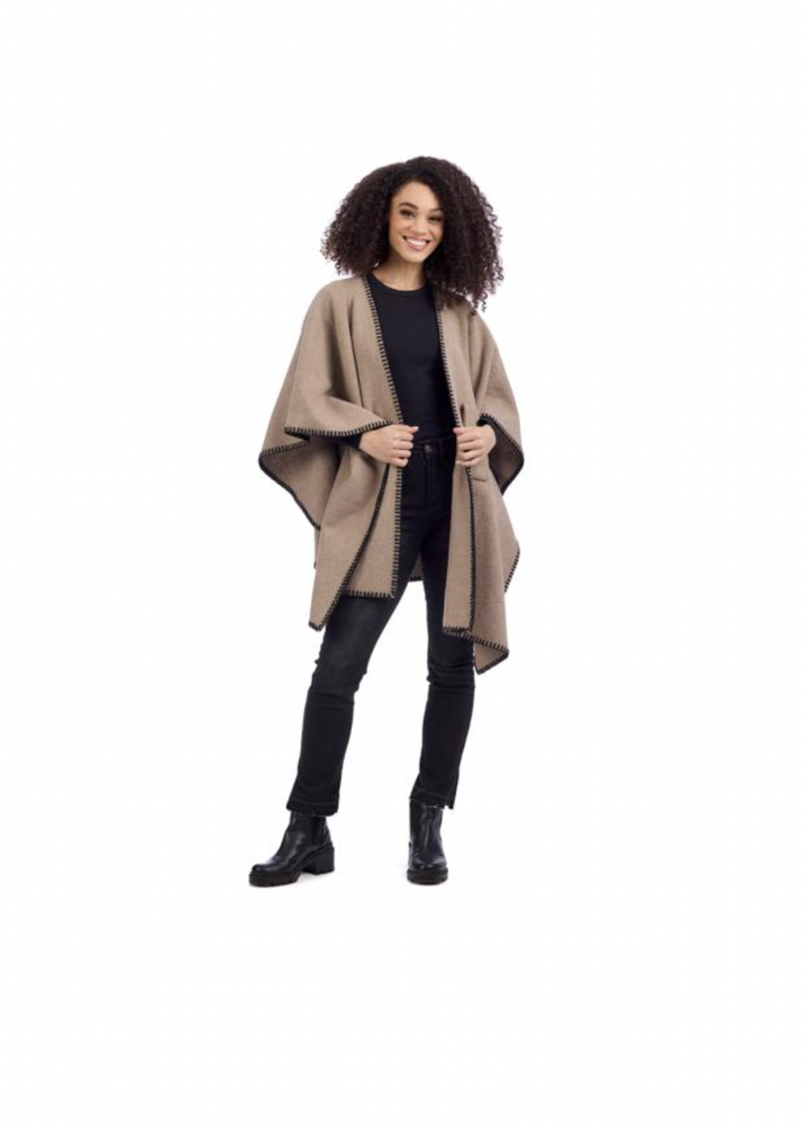 Elitaire Boutique Hayword Contrast Stitch Poncho - Oatmeal