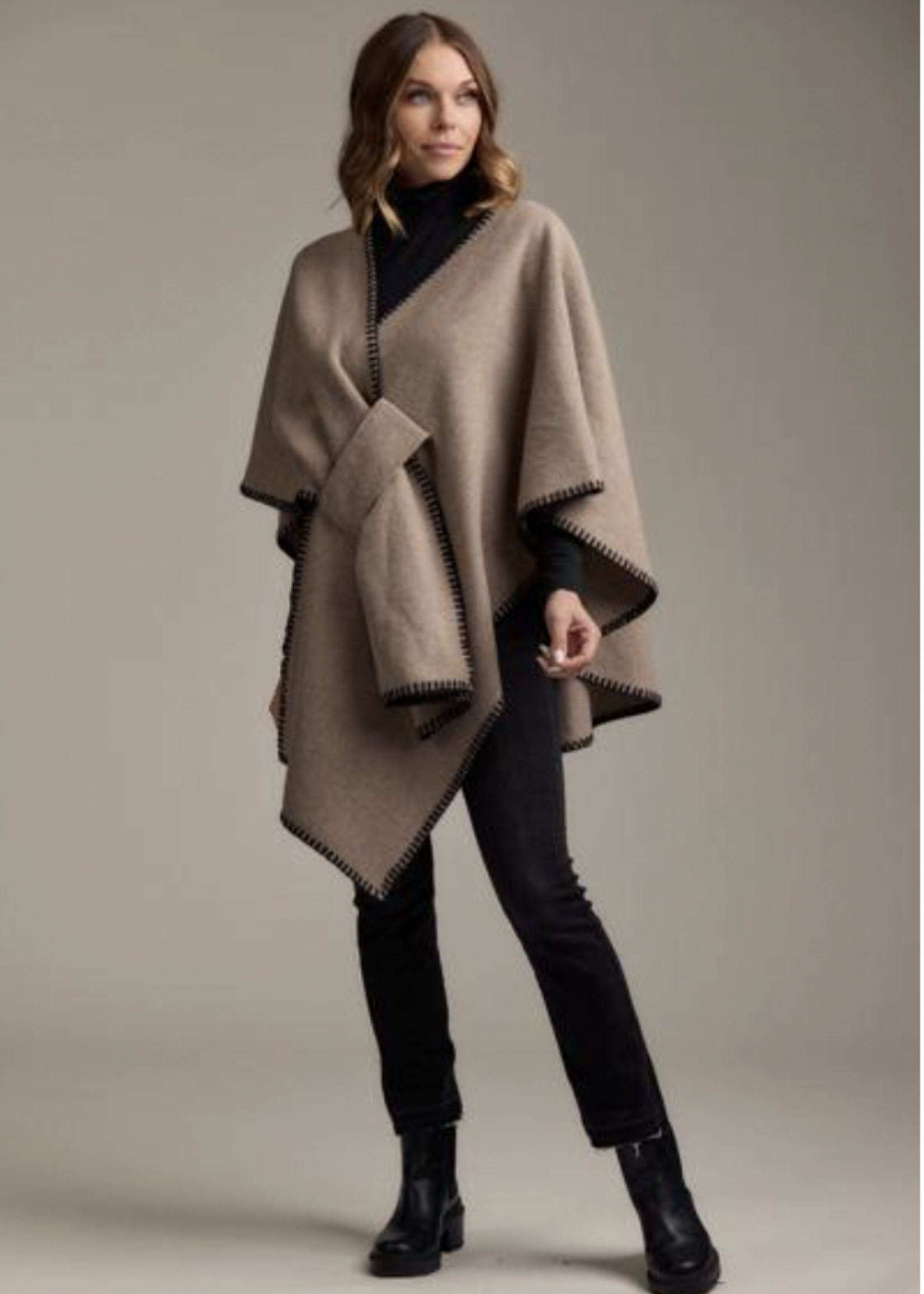 Elitaire Boutique Hayword Contrast Stitch Poncho - Oatmeal