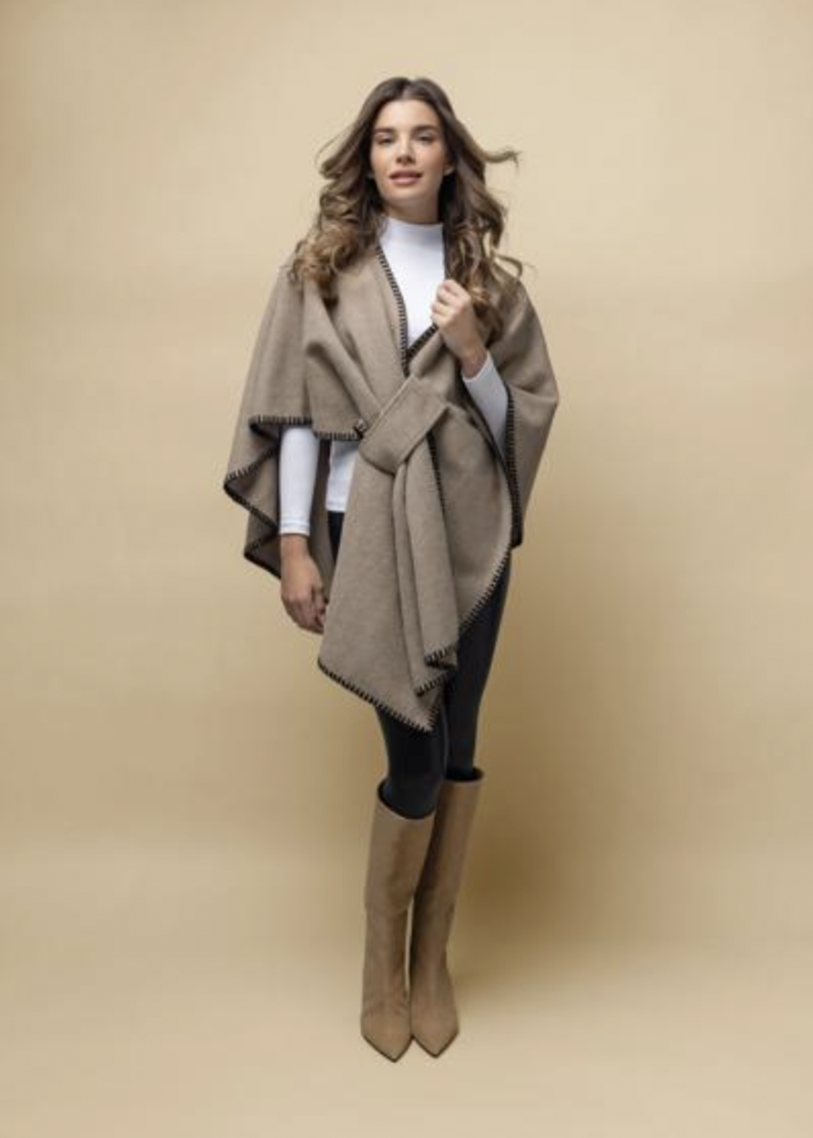 Elitaire Boutique Hayword Contrast Stitch Poncho - Oatmeal