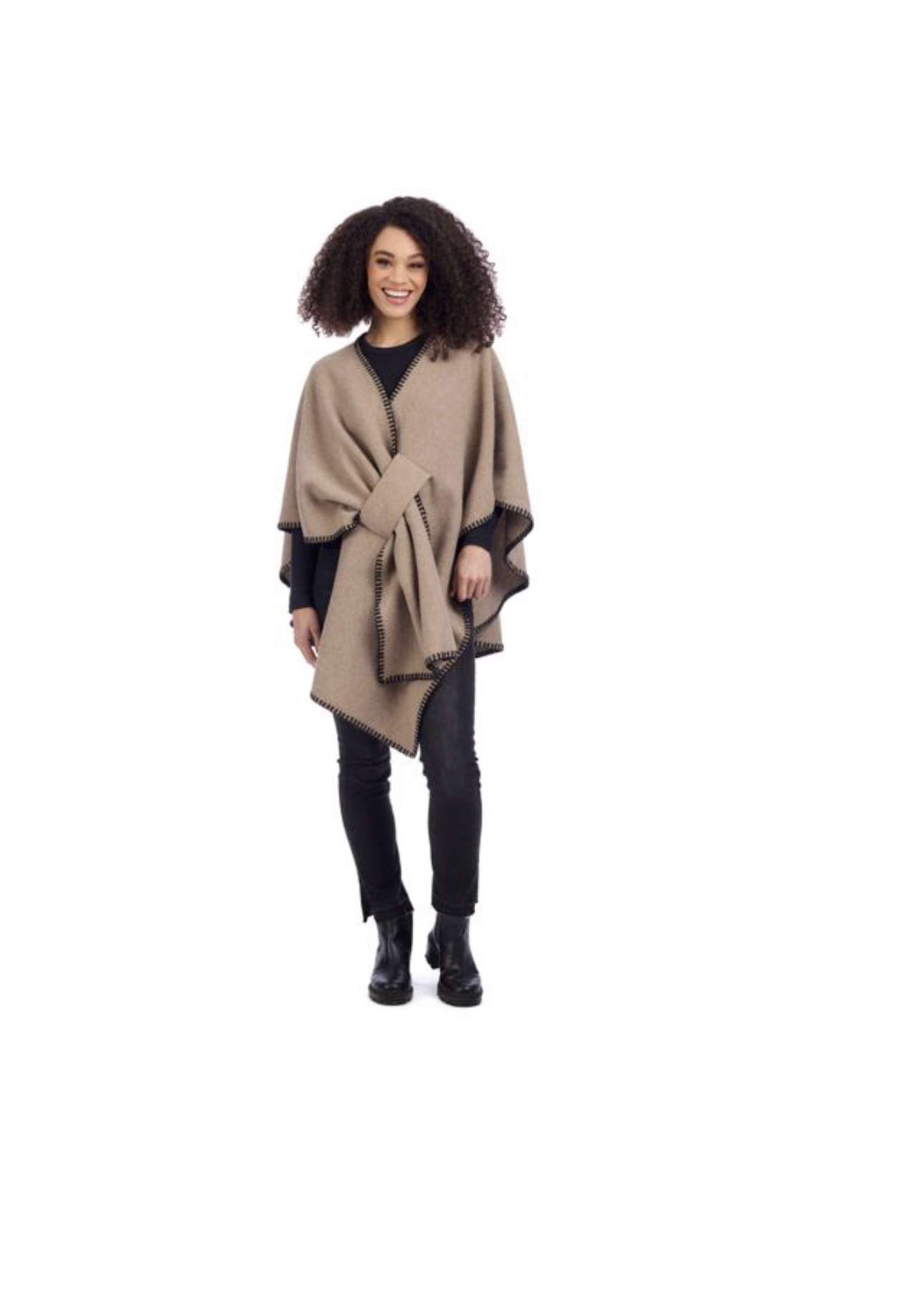 Elitaire Boutique Hayword Contrast Stitch Poncho - Oatmeal