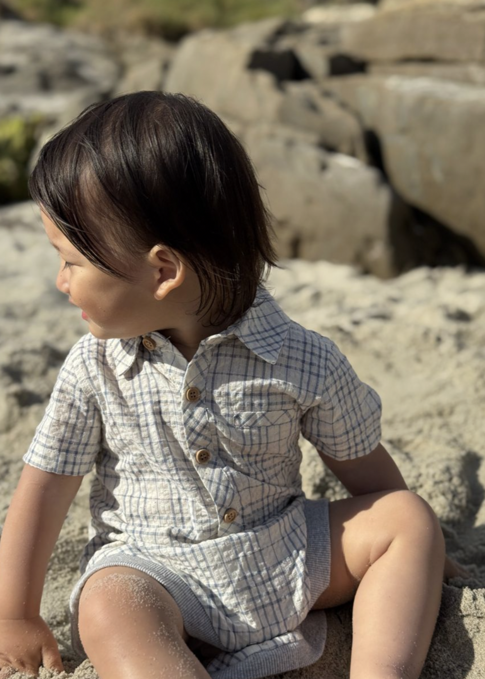 Elitaire Petite Newport Onesie/Shirt in Blue/Cream Plaid