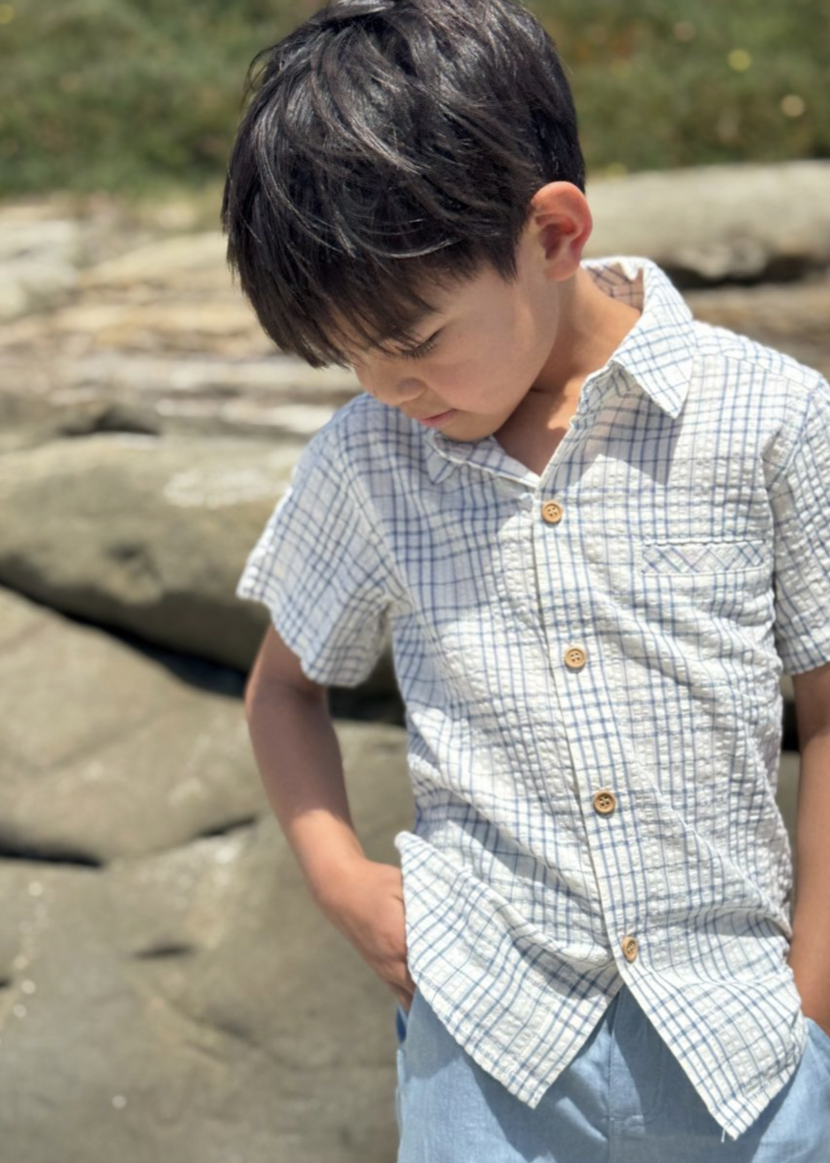 Elitaire Petite Newport Onesie/Shirt in Blue/Cream Plaid