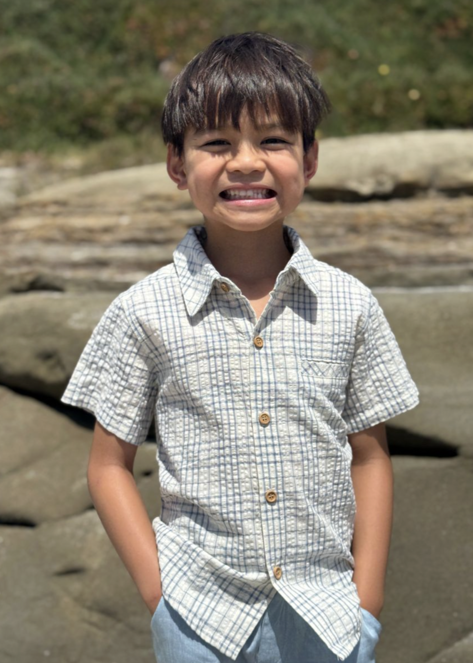 Elitaire Petite Newport Onesie/Shirt in Blue/Cream Plaid