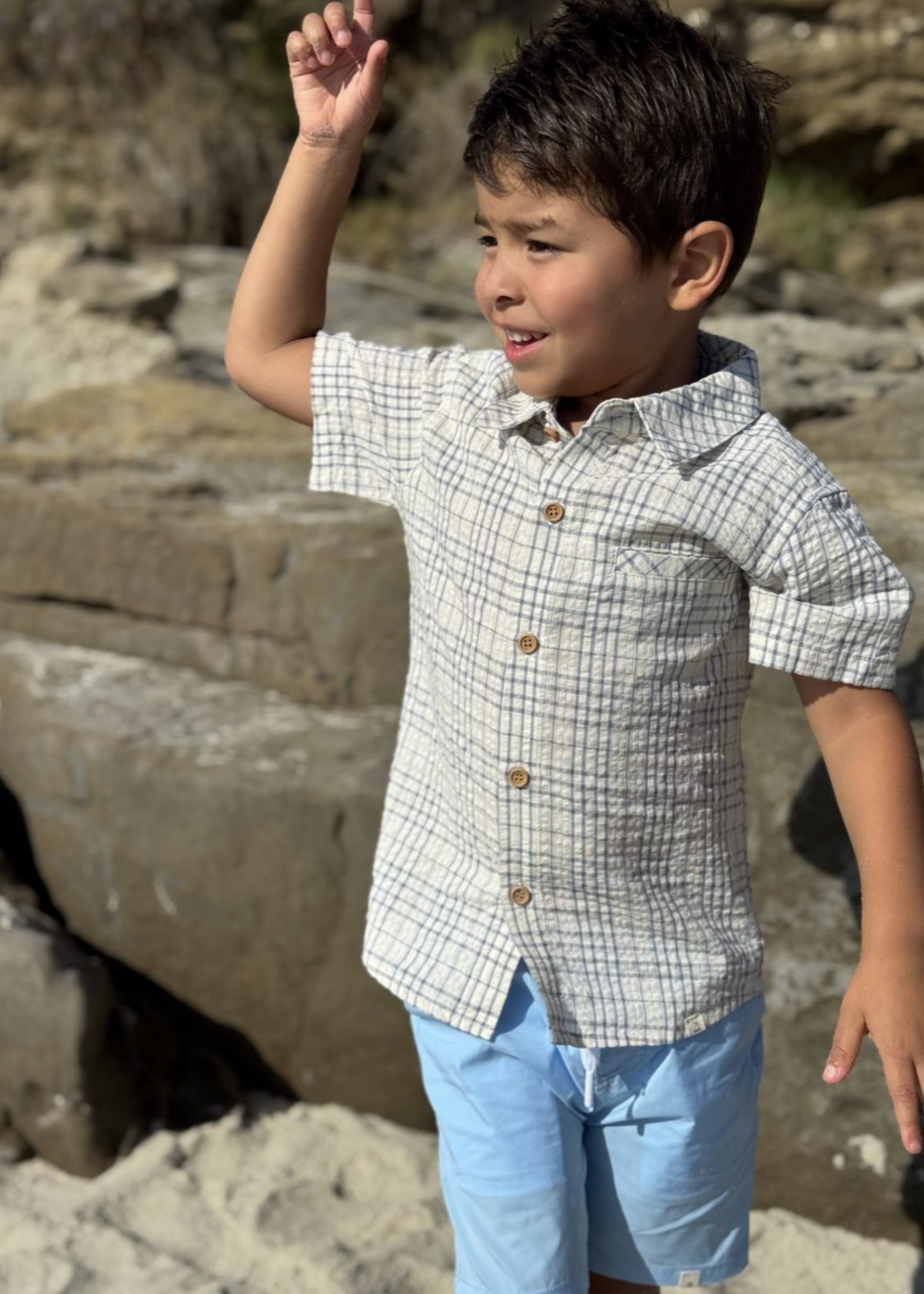 Elitaire Petite Newport Onesie/Shirt in Blue/Cream Plaid