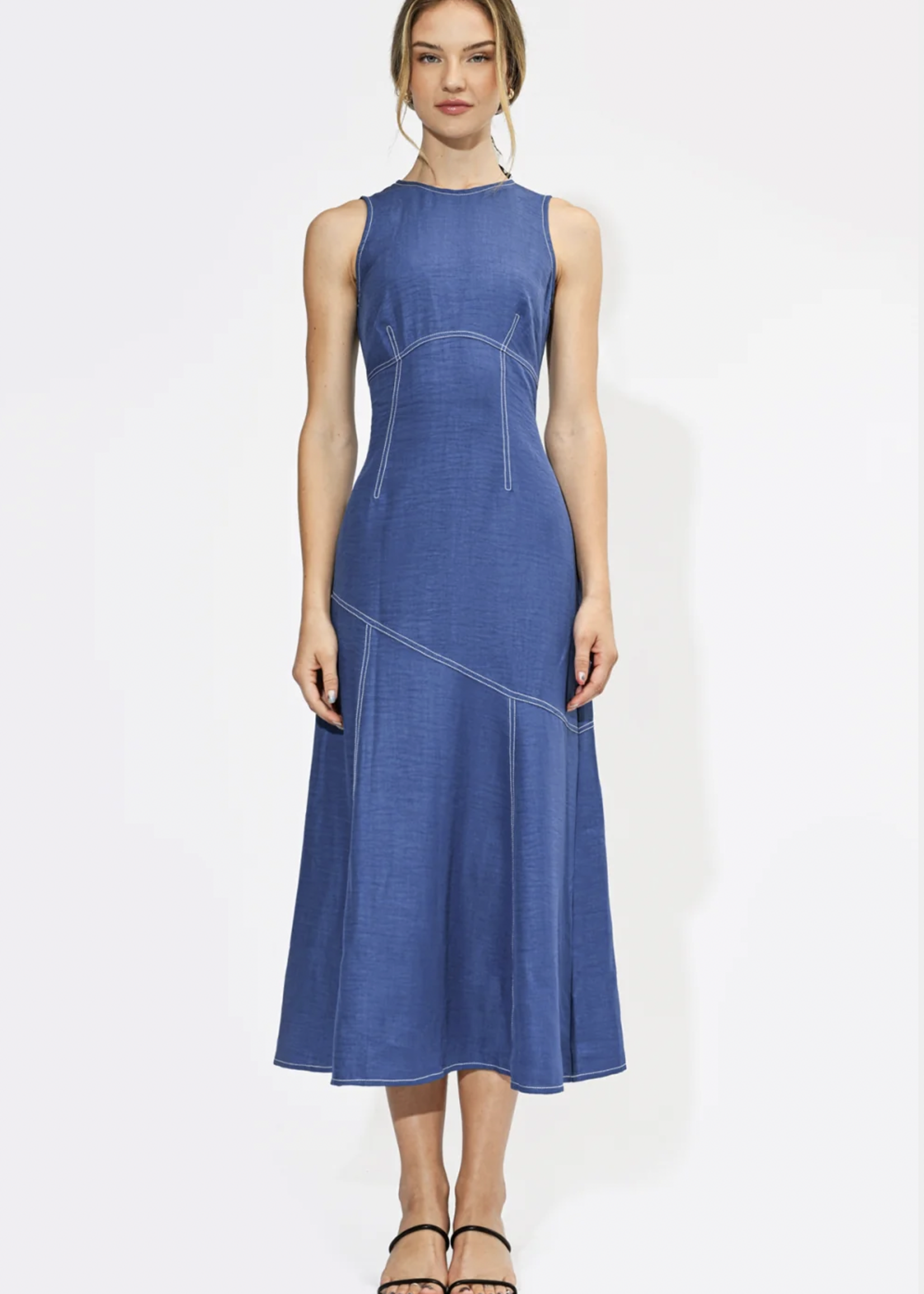 Elitaire Boutique Frances Denim Contrast Stitching Maxi Dress