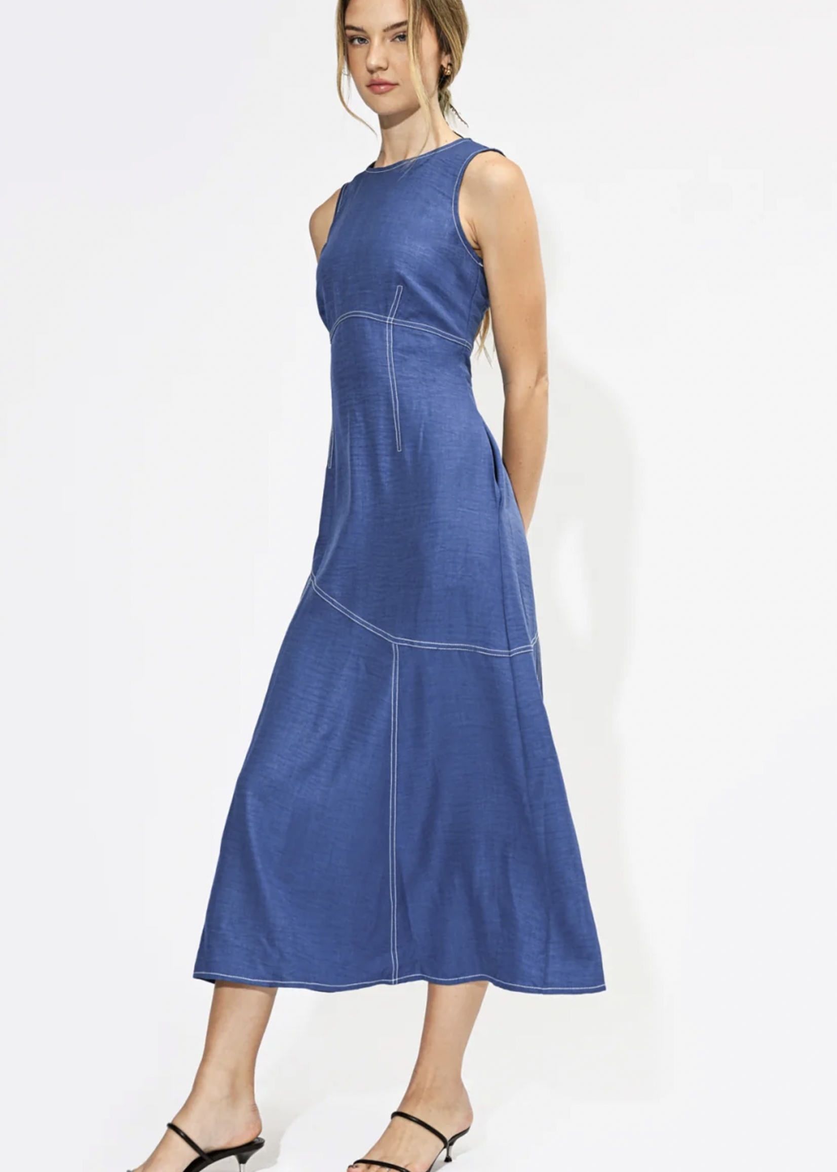 Elitaire Boutique Frances Denim Contrast Stitching Maxi Dress