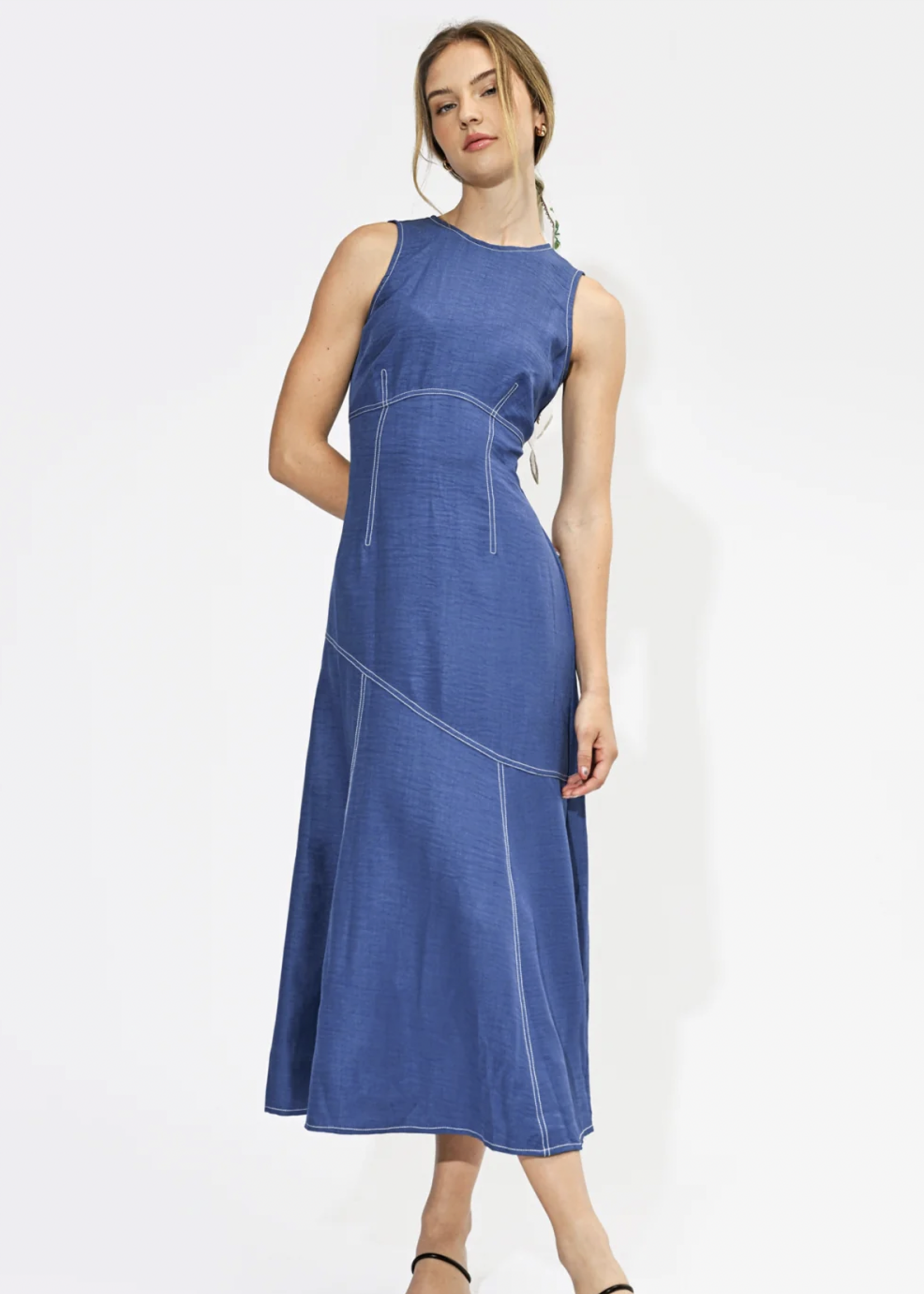 Elitaire Boutique Frances Denim Contrast Stitching Maxi Dress