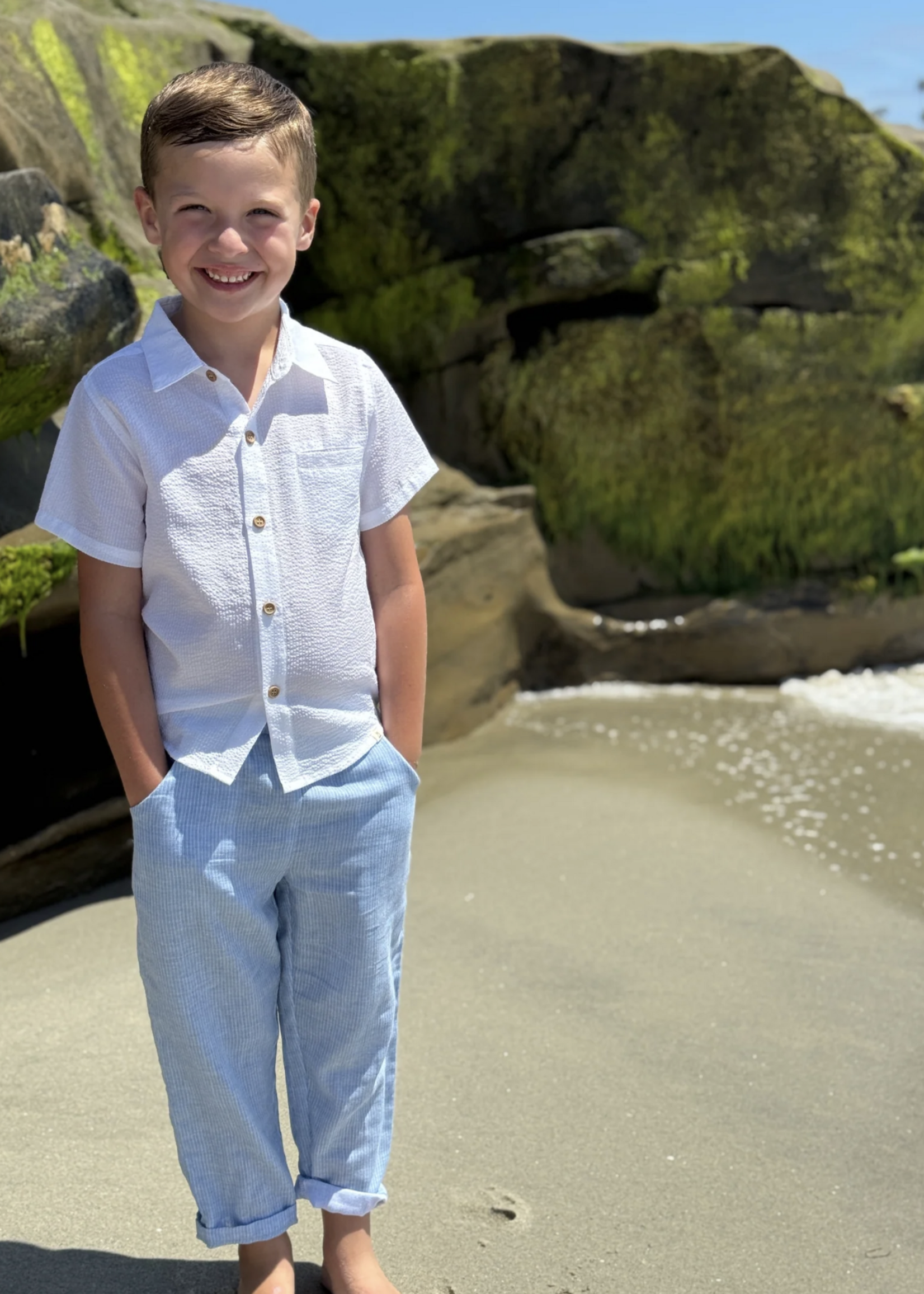 Elitaire Petite Newport Onesie/Shirt in White Seersucker