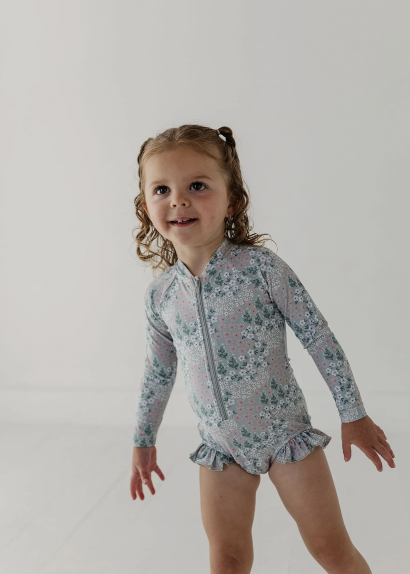 Elitaire Petite Aqua Floral Ruffle Rash Guard