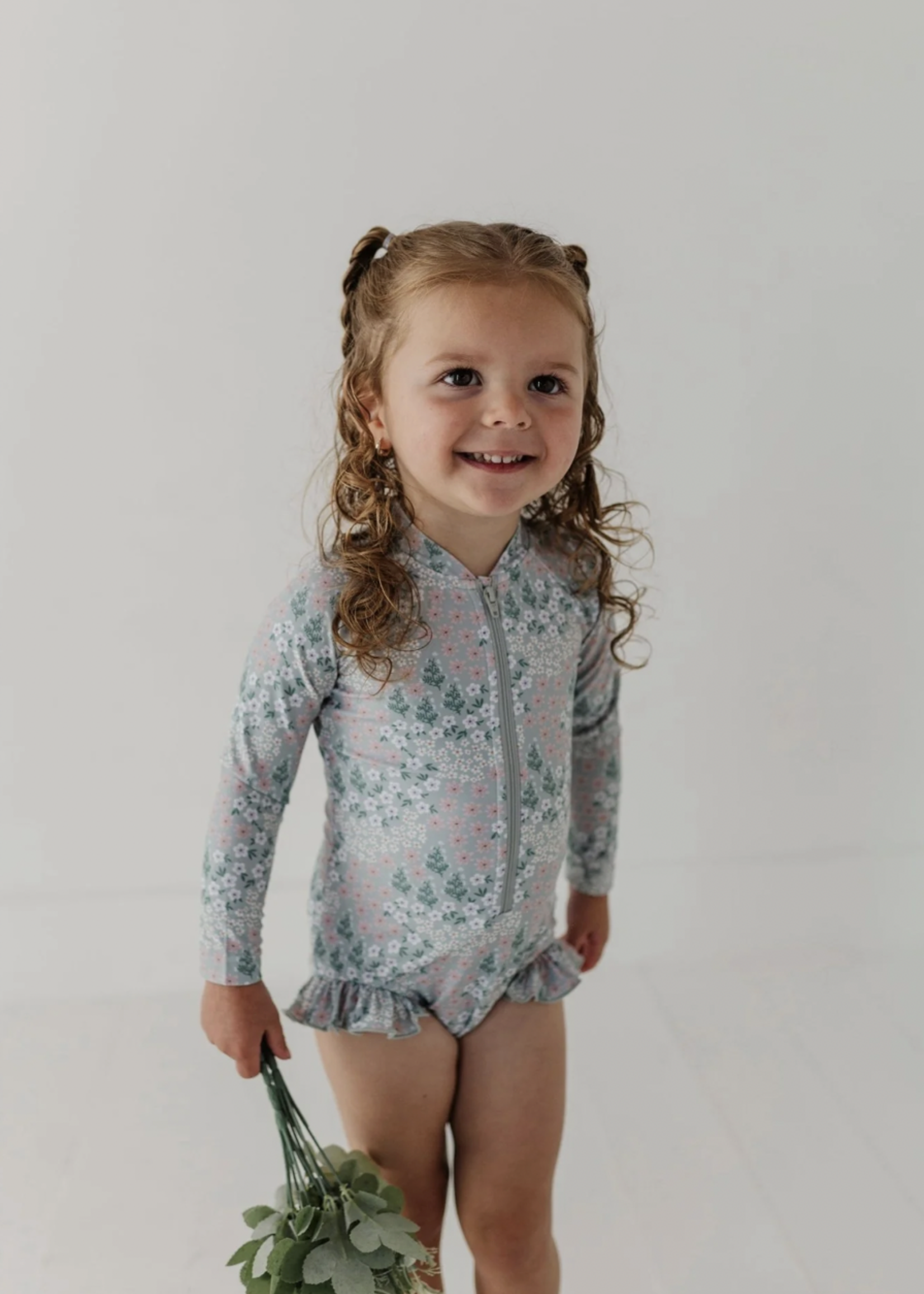 Elitaire Petite Aqua Floral Ruffle Rash Guard
