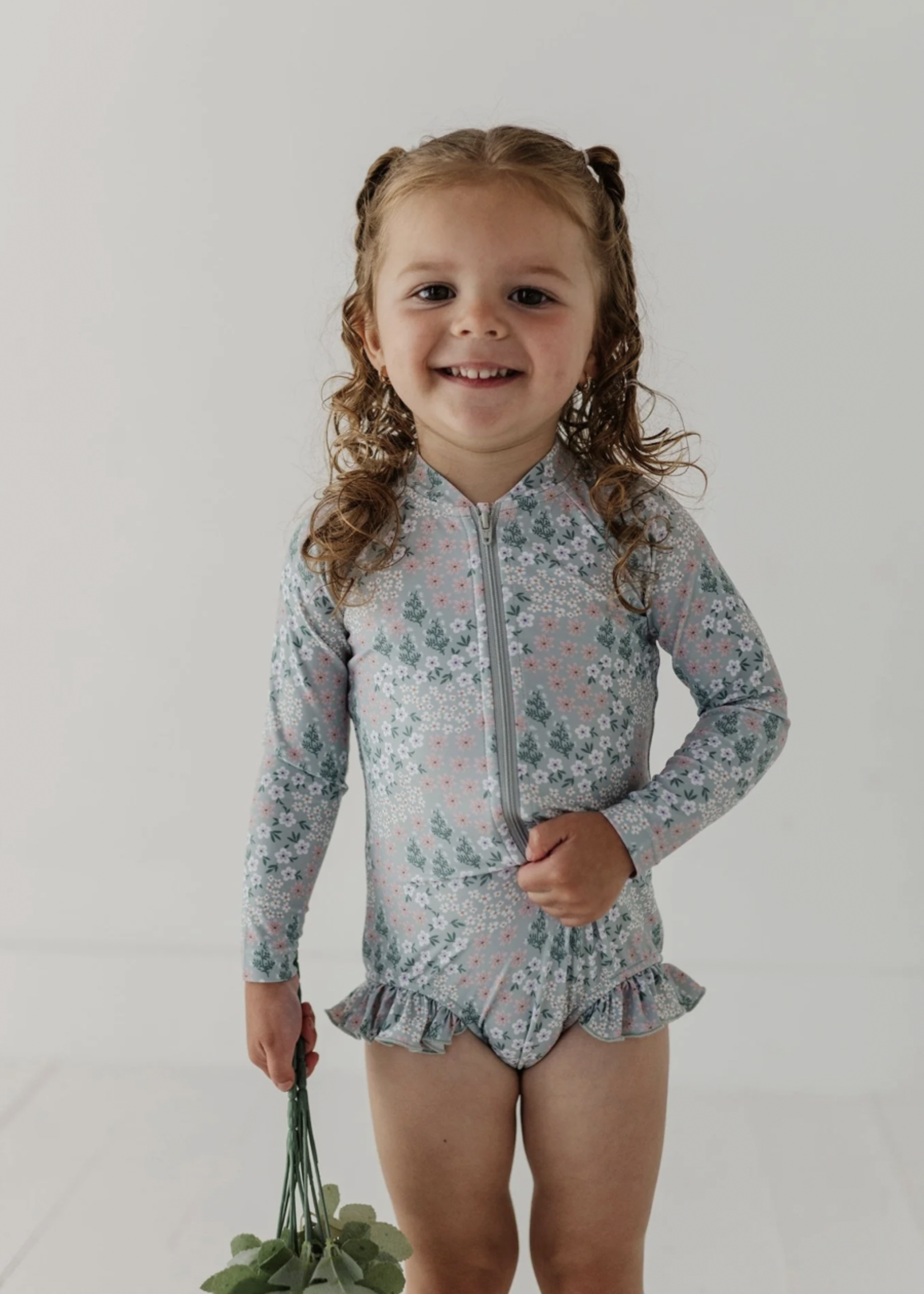 Elitaire Petite Aqua Floral Ruffle Rash Guard