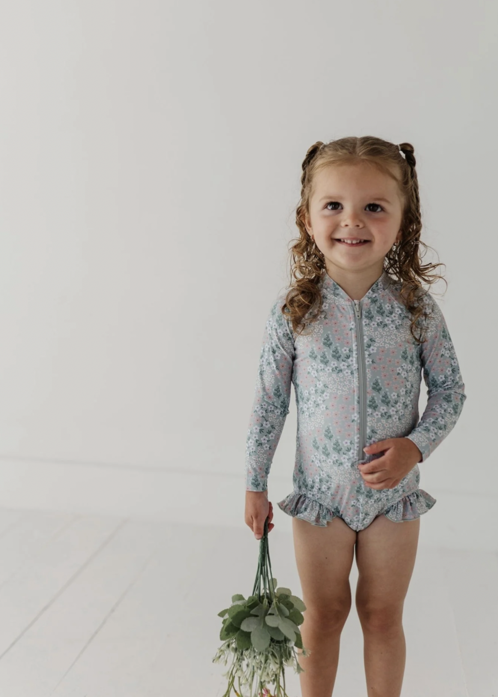 Elitaire Petite Aqua Floral Ruffle Rash Guard