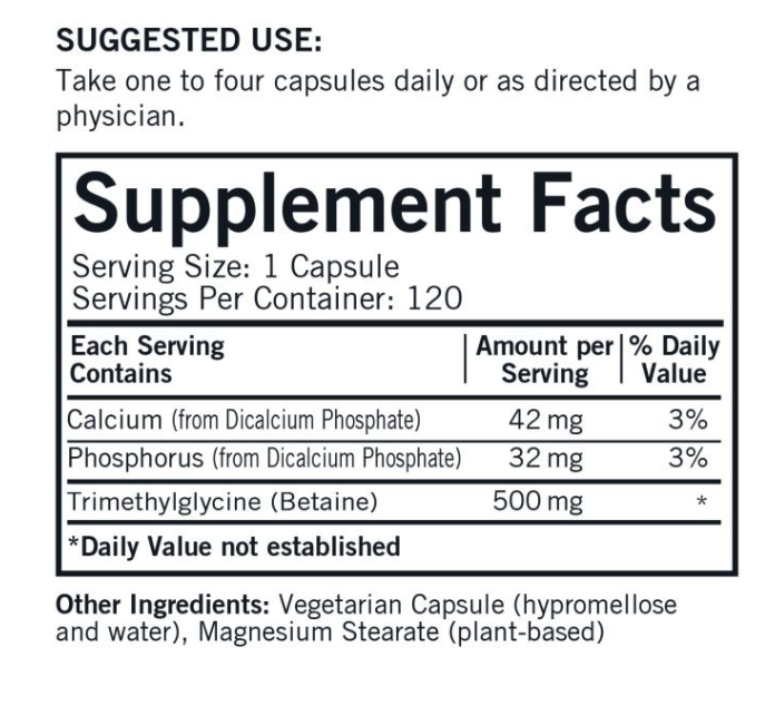 Basic------------- TMG Capsules 500mg 120 ct (NEW STRENGTH replacement for the TMG 175 mg: TMG 500 mg 1 capsule twice daily replaces TMG 175 mg 3 capsules twice daily)