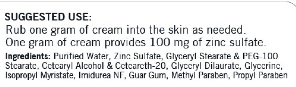 Biomed---------- ZINC SULFATE CREAM 4oz (113gm)- Dosis: 1 gm = 1/4 tsp