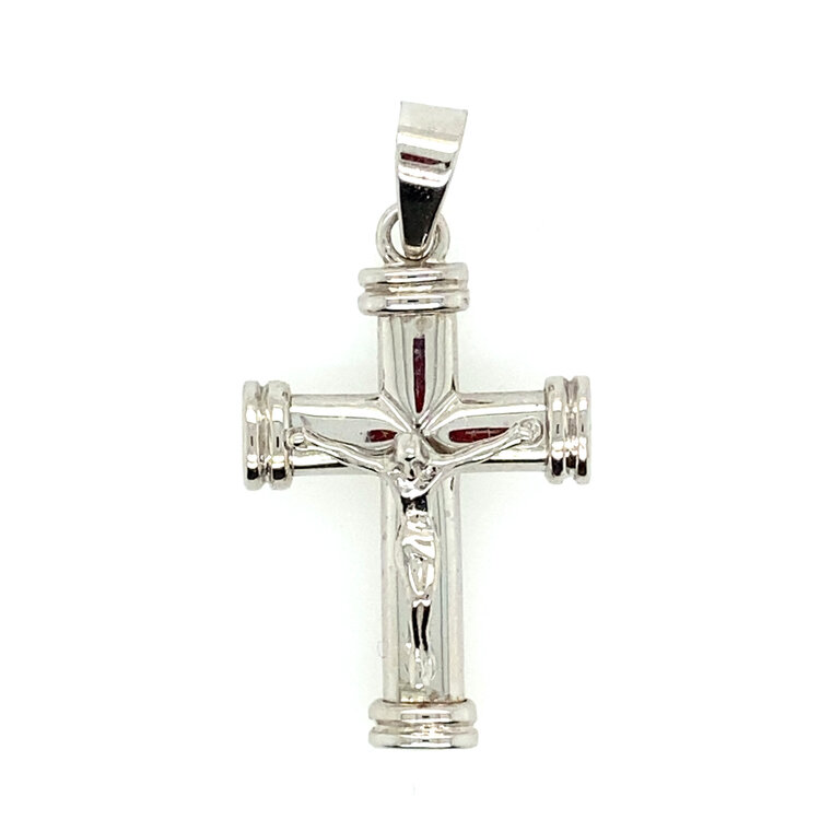 77052 14K WHITE GOLD HIGH POLISH BARREL TIPPED CRUCIFIX