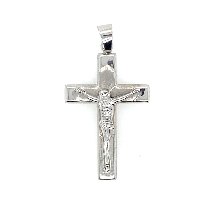 75417 14K WHITE GOLD  SATIN CENTER CRUCIFIX WITH HIGH POLISH FLAT TIPS