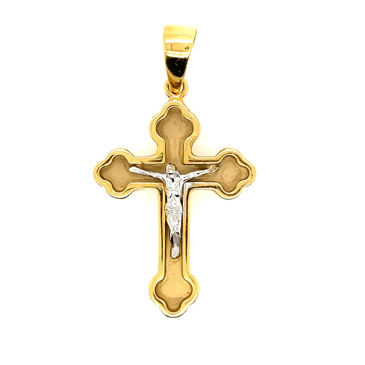 77616 14K TWO-TONE SATIN CENTER WITH RAISED BORDER CRUCIFIX