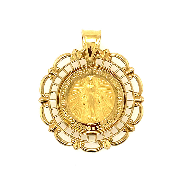 77775 14K YELLOW GOLD 20MM  FILAGREE  MIRACULOUS MEDAL