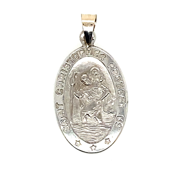 75587 14K WHITE GOLD 15MM  OVAL SAINT CHRISTOPHER MEDAL