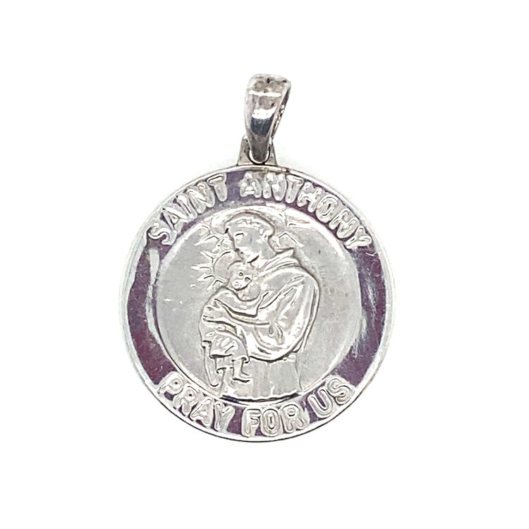 75228 14K WHITE GOLD 21MM  SOLID ROUND SAINT ANTHONY MEDAL WITH TEXTURED BACK