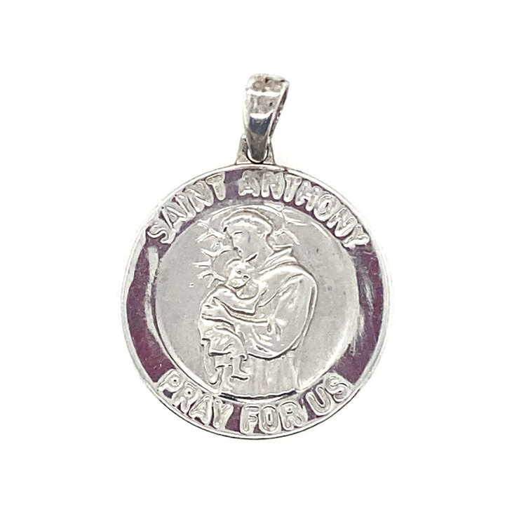 75228 14K WHITE GOLD 21MM  SOLID ROUND SAINT ANTHONY MEDAL WITH TEXTURED BACK