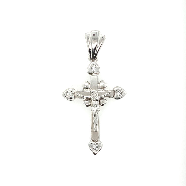 750163 14K WHITE GOLD HEART TIPS  WITH CUBIC ZIRCONIA CRUCIFIX