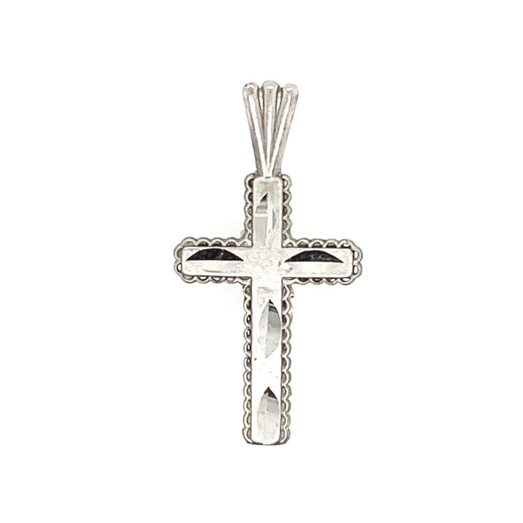 77073 14K WHITE GOLD DIAMOND CUT & SATIN FINISH CROSS WITH  STIFF BAIL