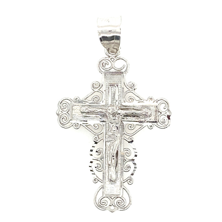 75207 14K WHITE GOLD 1.5" FILIGREE BORDER CRUCIFIX