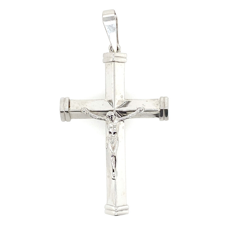 75479 14K  WHITE GOLD POINTED TUBE CENTER HIGH POLISH EDGE CAP CRUCIFIX