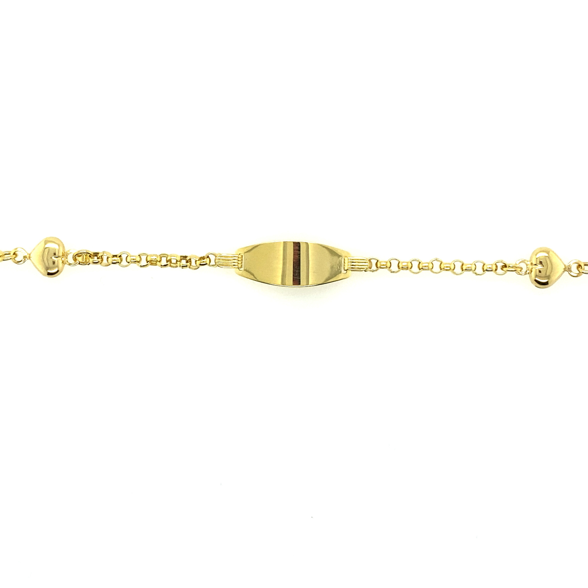 20719 14K YELLOW GOLD ROLO LINK PUFFY HEART BABY NAME 7MM ID BRACELET