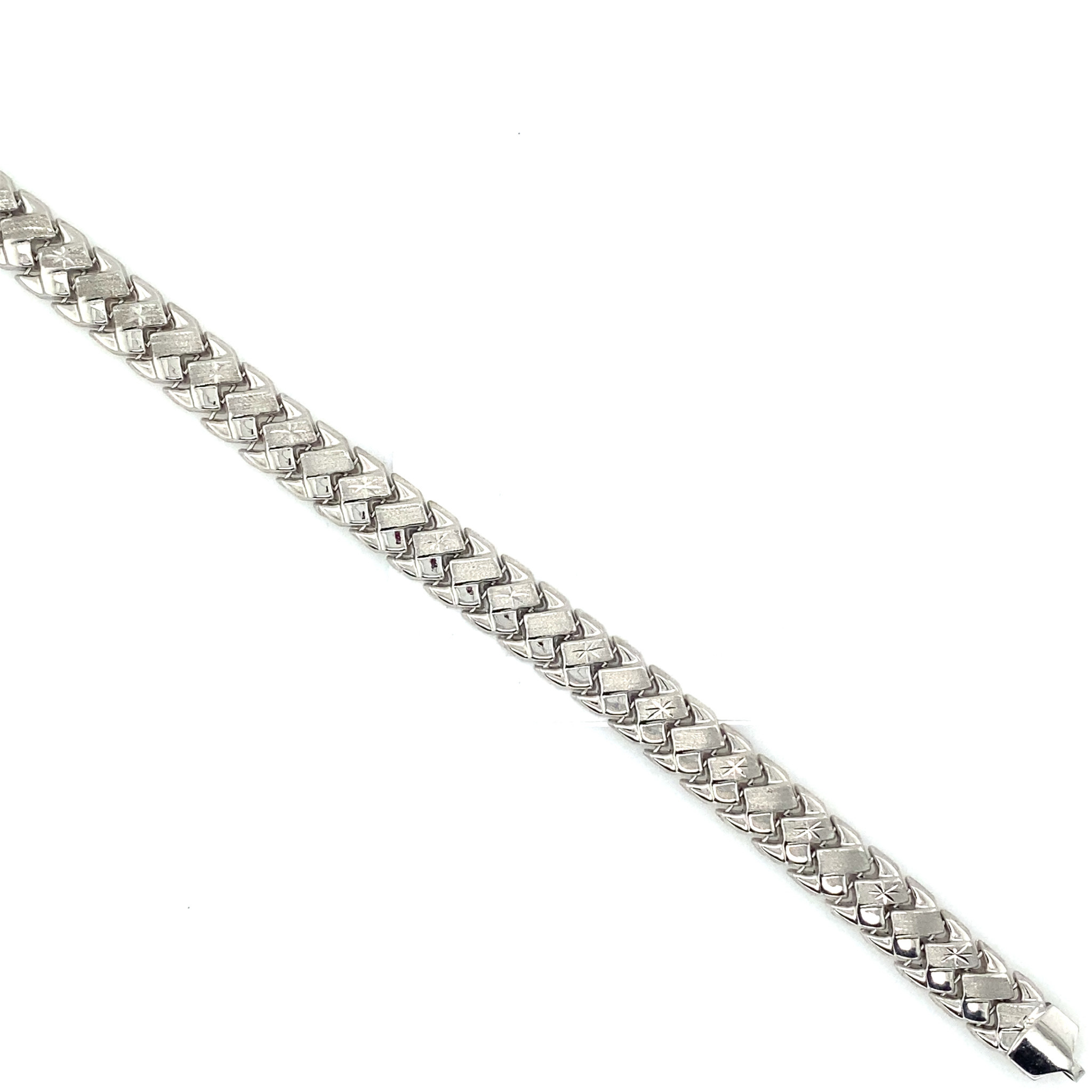 20301 14K WHITE GOLD 8.35MM DIAMOND CUT STARBURST SATIN FINISH WAVE LINK STAMPATO BRACELET