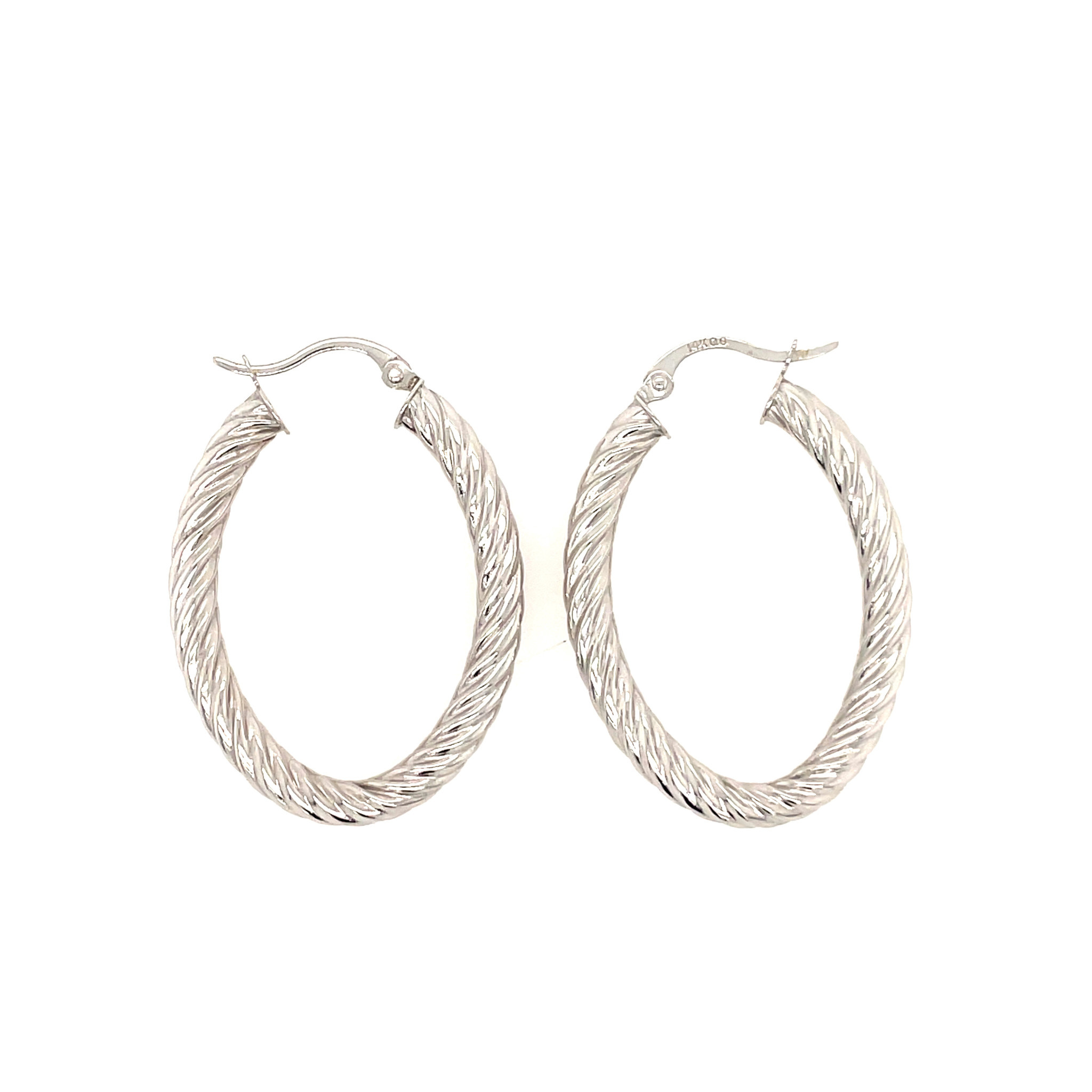 30082 14K 1'' WHITE GOLD OVAL SHAPE TWISTED HIGH POLISH HOOPS