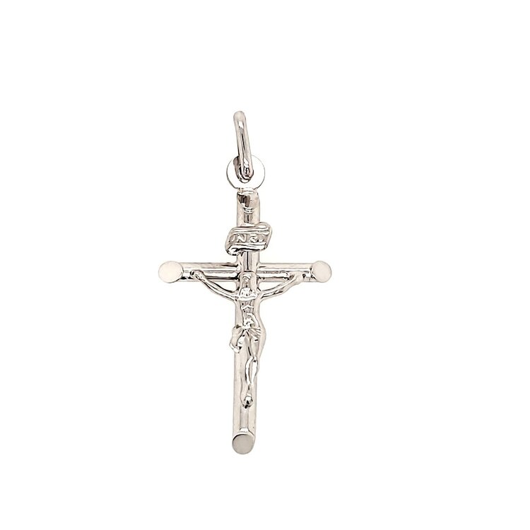 77078 14K WHITE GOLD 1.4" HIGH POLISH  SLANTED EDGE CRUCIFIX