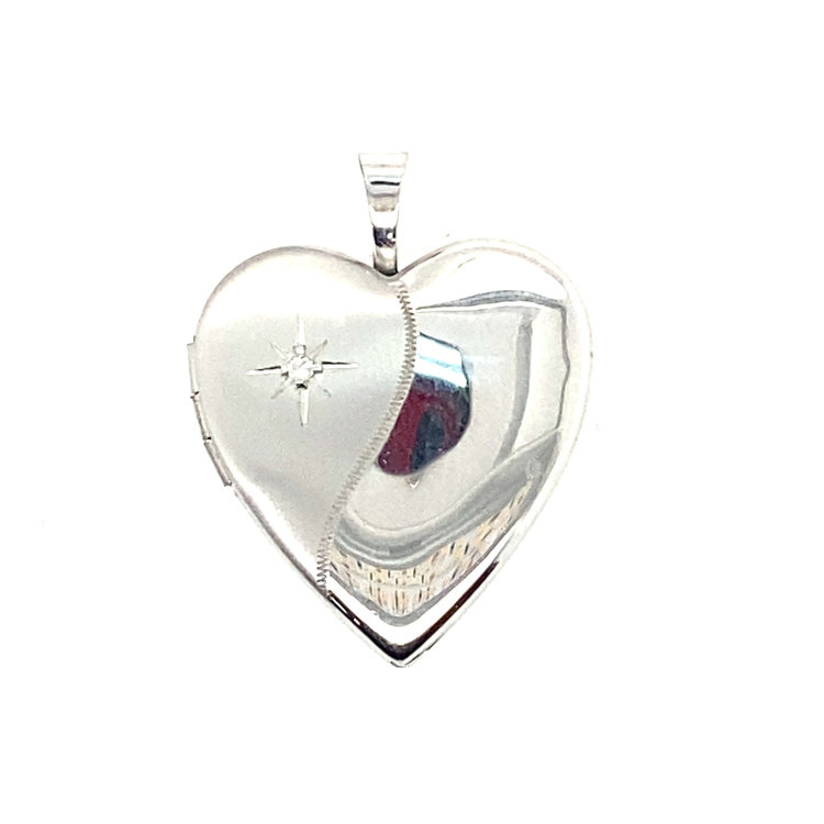 70991 14K WHITE GOLD SATIN AND HIGH FINISH POLISH  HEART LOCKET .01CT DIAMOND