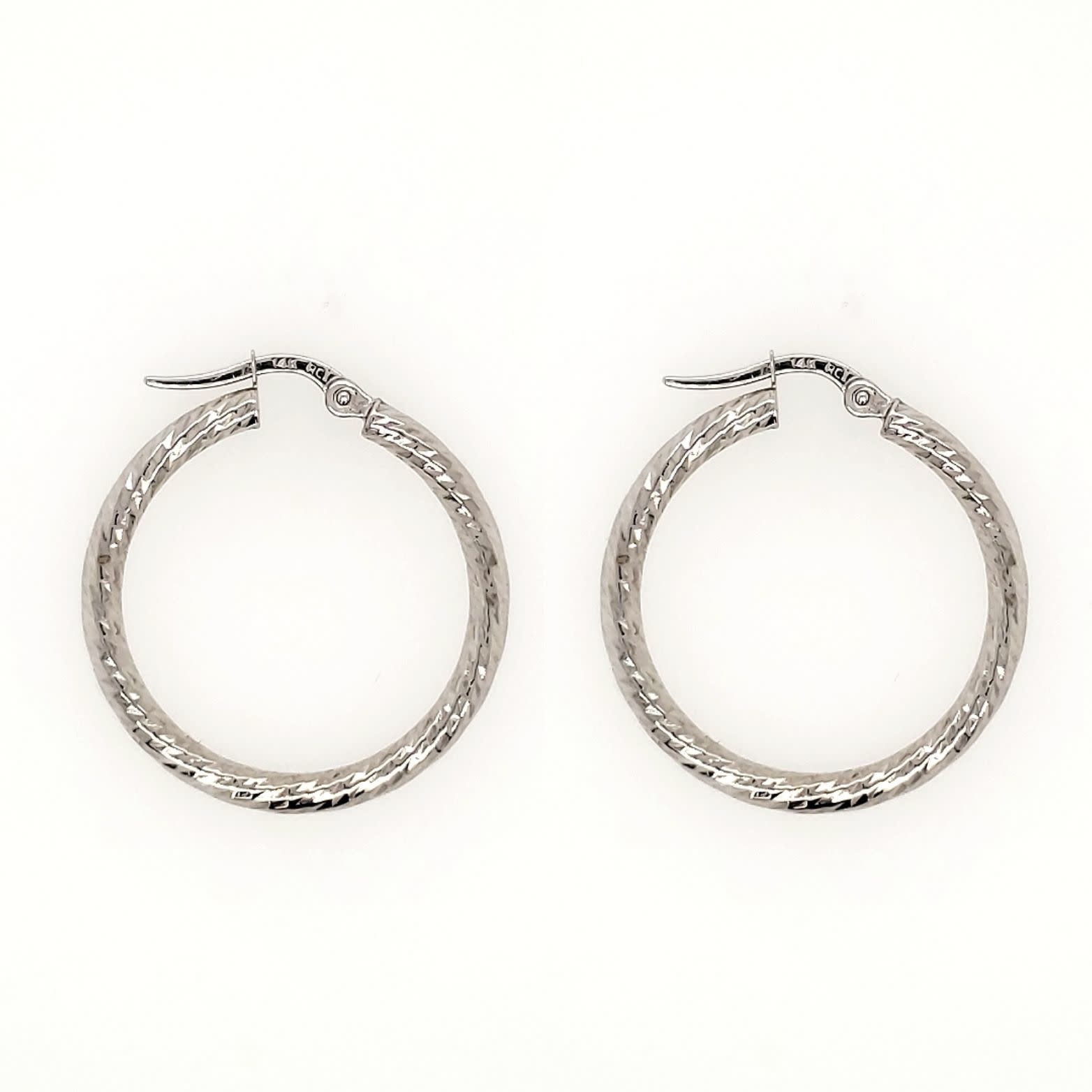 30739 14K 1'' WHITE GOLD DIAMOND CUT WITH HAMMERED DESIGN HOOPS