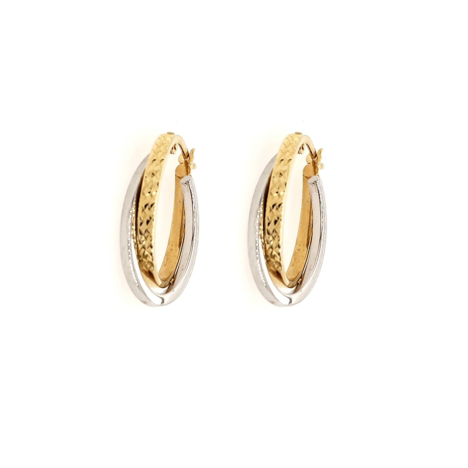32051 14K 0.6''TWO-TONE OBLONG DIAMOND CUT DOUBLE HOOPS