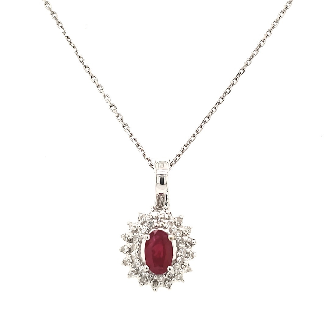 70050 14K WHITE GOLD .25TCW DIAMOND DOUBLE HALO OVAL RUBY CENTER ON 18" CABLE CHAIN PENDANT