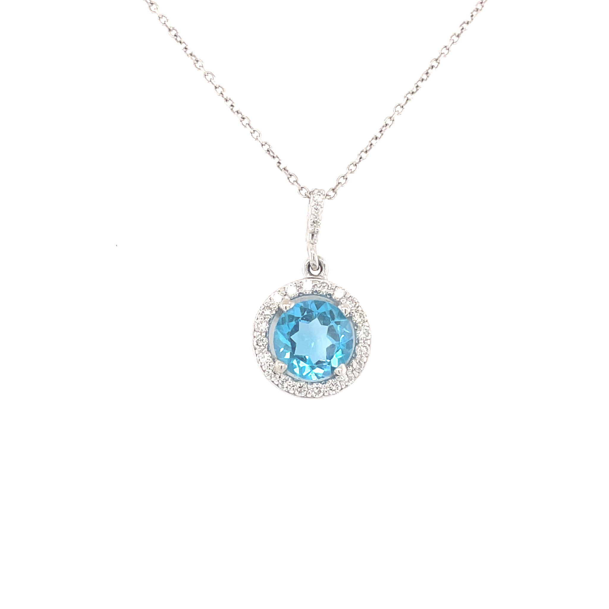 70576 14K WHITE GOLD .50TCW DIAMOND HALO AND ROUND BLUE TOPAZ CENTER ON 18" CABLE CHAIN PENDANT