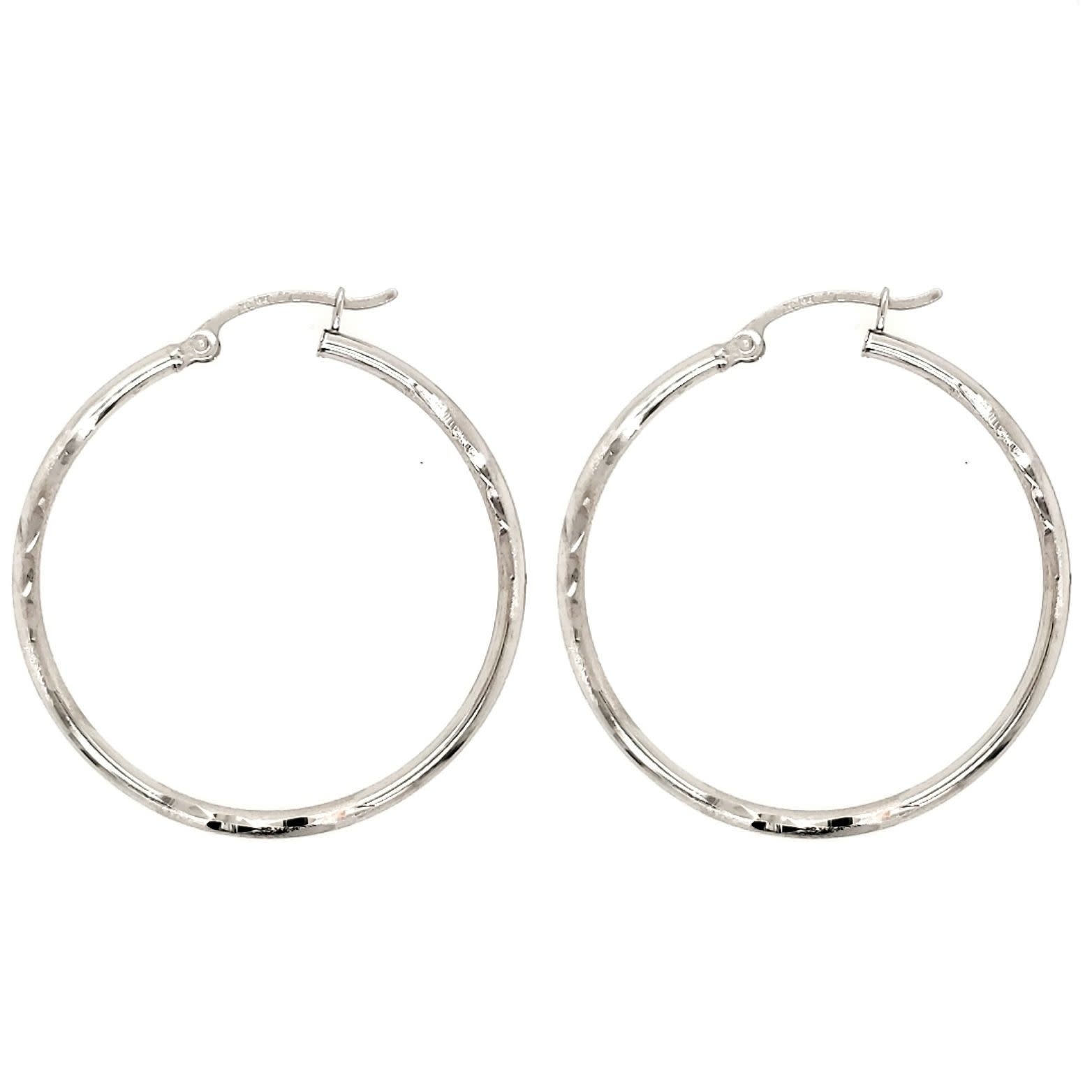 33013 14K 1.40'' WHITE GOLD DIAMOND CUT AND SATIN FINISHED HOOPS